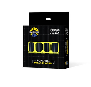 SunSaver Power Flex, 6.4-Watt Solar Charger in its packaging. for sale at the school fundraising shop.